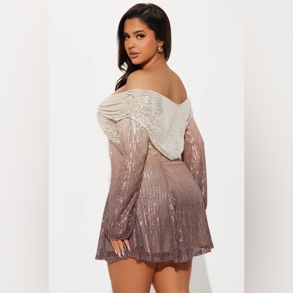 Fashion Nova Sequin Long Sleeve Dress - Brown and Cream Nwt